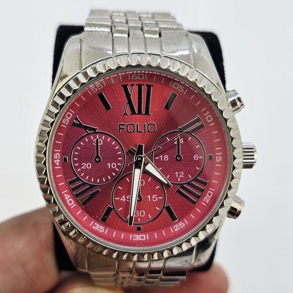 Folio Women's Watch 38MM Dark Pink Dial Gray Bracelet Band 5.5" New Battery - Picture 2 of 13